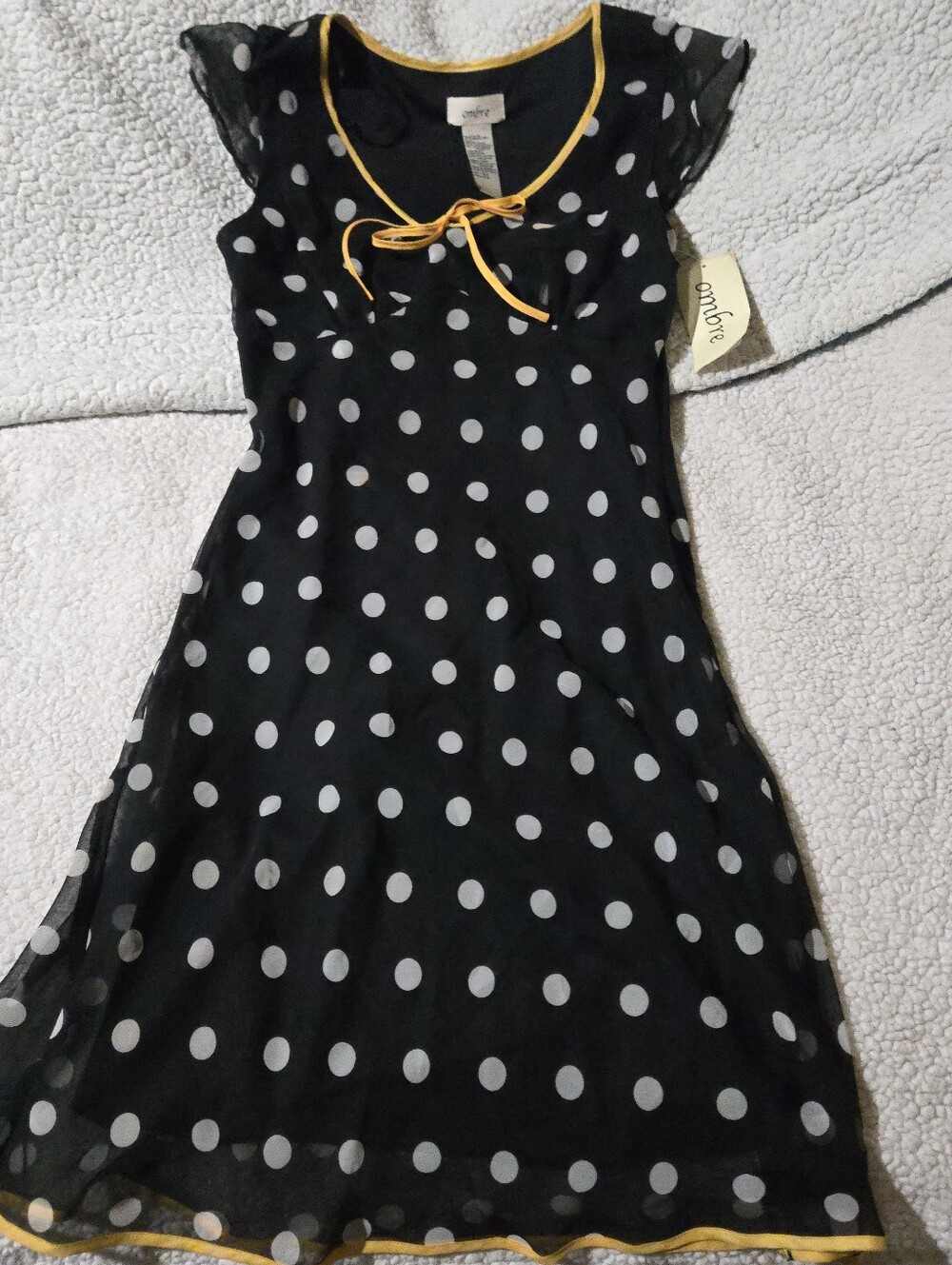 Vintage Ombre Black And White Polka Dot Dress with Yellow Trim 90's Retro 5/6
